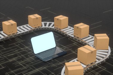 Taşıma bandı, dizüstü bilgisayar ve taşıma bandı üzerinde hareket eden kutular, 3D görüntüleme.