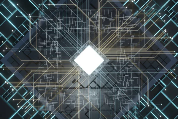 Cube et circuits lumineux, cubes noirs, rendu 3d . — Photo