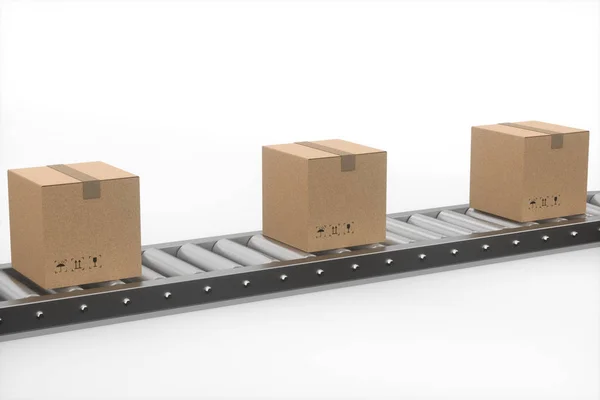 Boxes moving on the conveyor belt, 3d rendering. — ストック写真