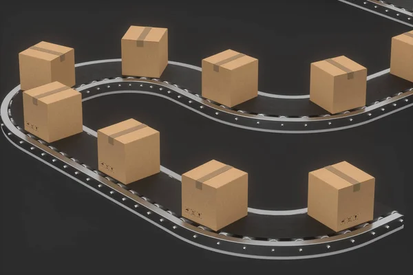 Boxes moving on the conveyor belt, 3d rendering. — Stockfoto