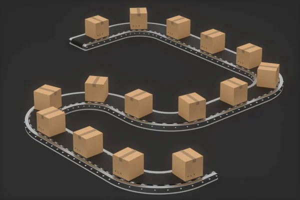 Boxes moving on the conveyor belt, 3d rendering. — ストック写真