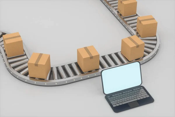 Caixas em movimento na correia transportadora, laptop e correia transportadora, renderização 3d . — Fotografia de Stock