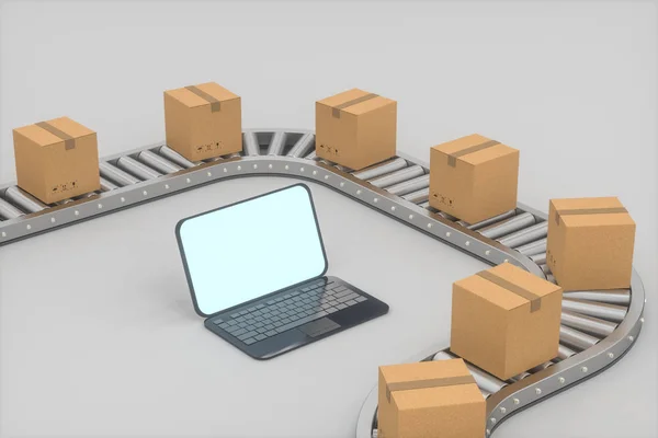 Caixas em movimento na correia transportadora, laptop e correia transportadora, renderização 3d . — Fotografia de Stock