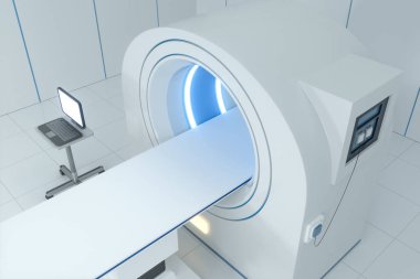 Beyaz odadaki medikal ekipman CT makinesi, 3D görüntüleme..
