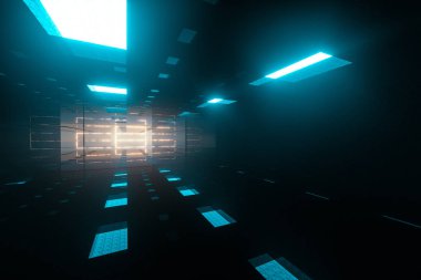 Üstü aydınlık, fantezi sahnesi, 3D görüntüsü olan karanlık, parlak tünel..