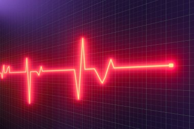 Parlak dijital kalp atışı hattı monitöre yansıyor, 3D görüntüleme.