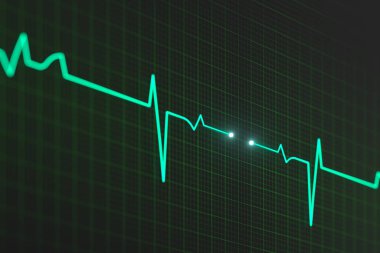 Parlak dijital kalp atışı hattı monitöre yansıyor, 3D görüntüleme.