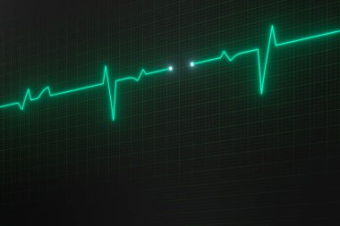 Parlak dijital kalp atışı hattı monitöre yansıyor, 3D görüntüleme.