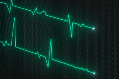 Parlak dijital kalp atışı hattı monitöre yansıyor, 3D görüntüleme.