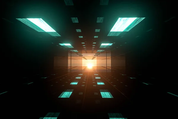 Der dunkle Hochglanztunnel mit leuchtendem Oberlicht, Fantasyszene, 3D-Darstellung. — Stockfoto