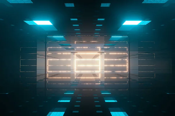 Il tunnel scuro lucido con luce superiore incandescente, scena fantasy, rendering 3d . — Foto Stock