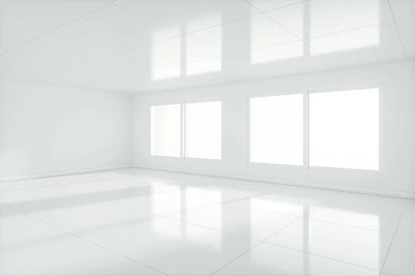 A fehér üres szoba napfénnyel az ablakból, 3D-s renderelés. — Stock Fotó