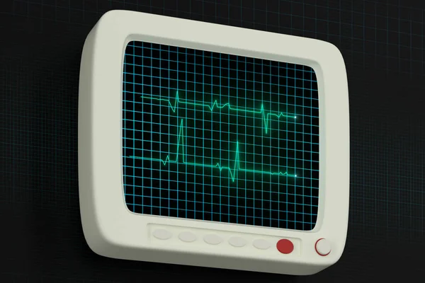 Glühende digitale Herzschlaglinie, die auf dem Monitor reflektiert wird, 3D-Darstellung. — Stockfoto