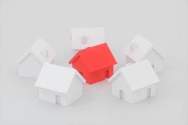Beyaz evlerle çevrili küçük kırmızı bir ev modeli..