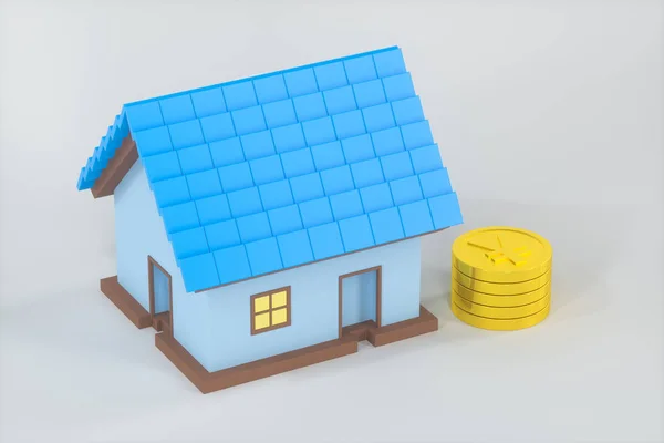 The small house model beside the golden coins, 3d rendering.