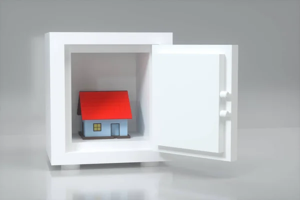 Il modello di piccola casa nella cassetta di sicurezza, rendering 3d . — Foto Stock