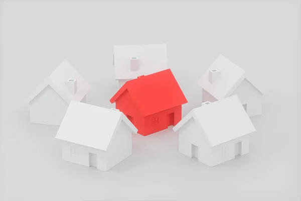Sebuah model rumah merah kecil dikelilingi oleh rumah-rumah putih, rendering 3d . — Stok Foto