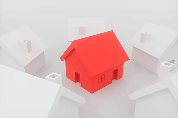 En liten röd husmodell omgiven av de vita husen, 3d rendering. — Stockfoto