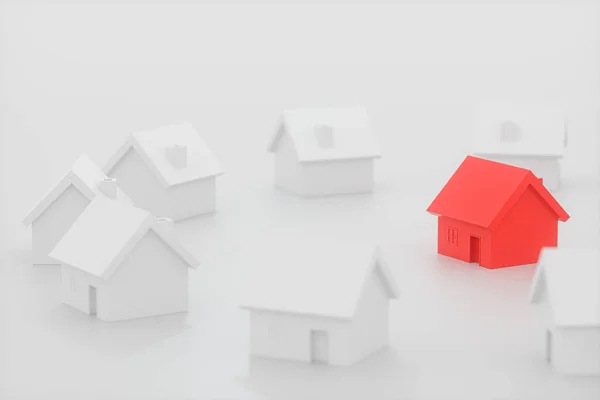 Un piccolo modello di casa rossa circondata dalle case bianche, rendering 3d . — Foto Stock