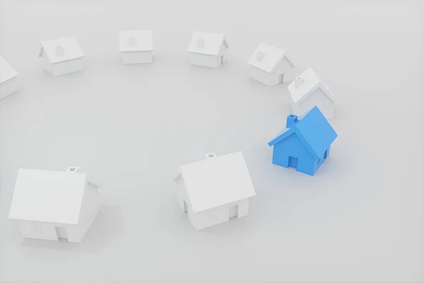 Um modelo pequeno da casa azul ao lado das casas brancas, renderização 3d . — Fotografia de Stock