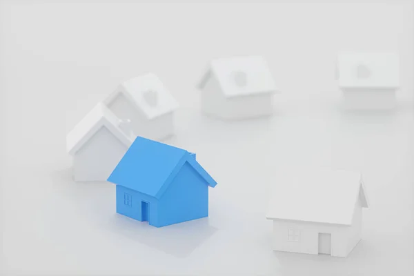 Un pequeño modelo de casa azul al lado de las casas blancas, 3d renderizado . — Foto de Stock