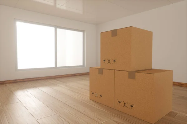 Stacked cardboard in the empty room, with sunlight come from the windows, 3d rendering. — 스톡 사진