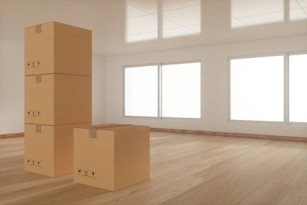 Stacked cardboard in the empty room, with sunlight come from the windows, 3d rendering. — 스톡 사진