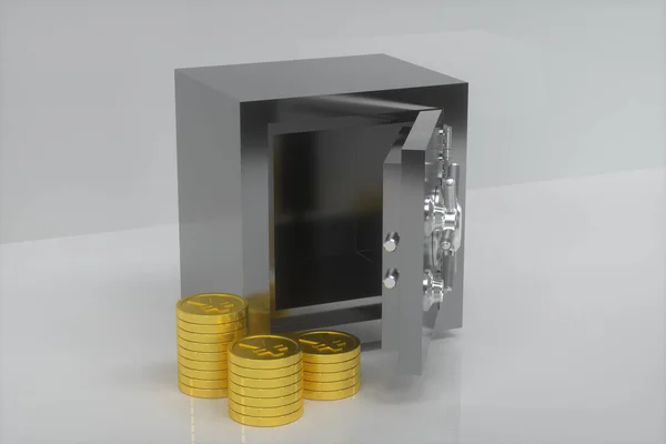 Cofre mecânico, com moedas douradas brilhantes ao lado, renderização 3d . — Fotografia de Stock