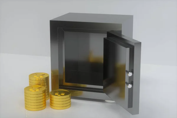 Mechanischer Safe, daneben goldglänzende Münzen, 3D-Rendering. — Stockfoto