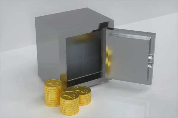 Mechanical safe, with shiny golden coins beside, 3d rendering. — 스톡 사진