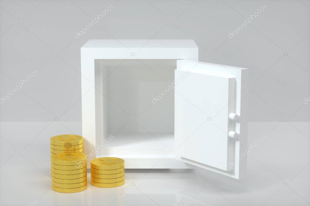 Mechanical safe, with shiny golden coins beside, 3d rendering.