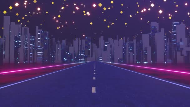Şehir yolu ve yıldızlı gökyüzü, soyut kavram, 3D canlandırma. — Stok video