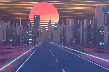 Şehir yolu ve günbatımı gökyüzü, soyut kavram, 3D canlandırma.