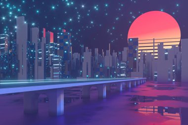 Şehir yolu ve günbatımı gökyüzü, soyut kavram, 3D canlandırma.