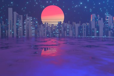 Şehir yolu ve günbatımı gökyüzü, soyut kavram, 3D canlandırma.