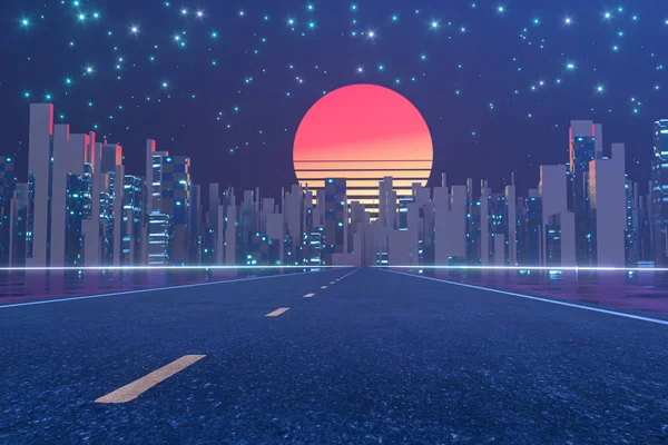 Miejska droga i zachody słońca niebo, abstrakcyjna koncepcja, renderowanie 3d. — Zdjęcie stockowe