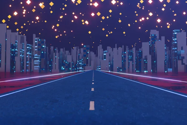 Route urbaine et ciel étoilé, conception abstraite, rendu 3D . — Photo