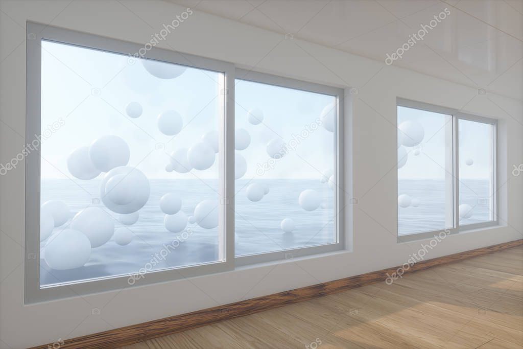 Spheres floating on the sea,empty room,abstract conception,3d rendering.