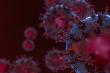 Dağıtılmış korona virüsleri koyu arkaplan, 3 boyutlu görüntüleme