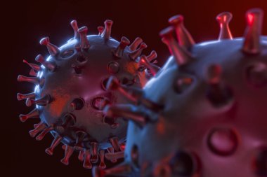 Dağıtılmış korona virüsleri koyu arkaplan, 3 boyutlu görüntüleme