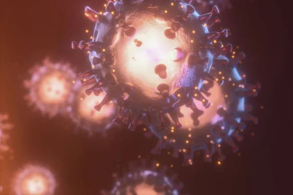Vírus da corona dispersos com fundo escuro, renderização 3d — Fotografia de Stock