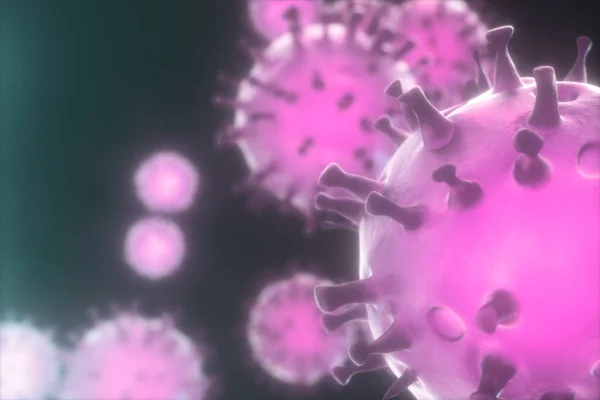 Verstreute Coronaviren mit dunklem Hintergrund, 3D-Rendering — Stockfoto
