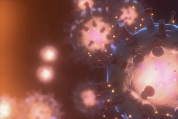 Dağıtılmış korona virüsleri koyu arkaplan, 3 boyutlu görüntüleme — Stok fotoğraf