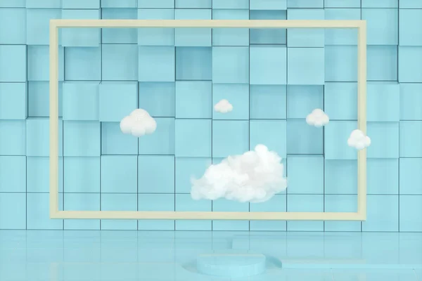 Cartoon clouds and cartoon cubes,geometry room,3d rendering.