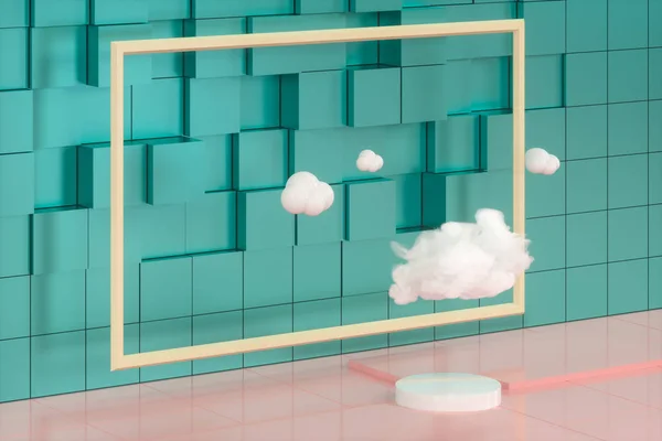 Cartoon clouds and cartoon cubes,geometry room,3d rendering.
