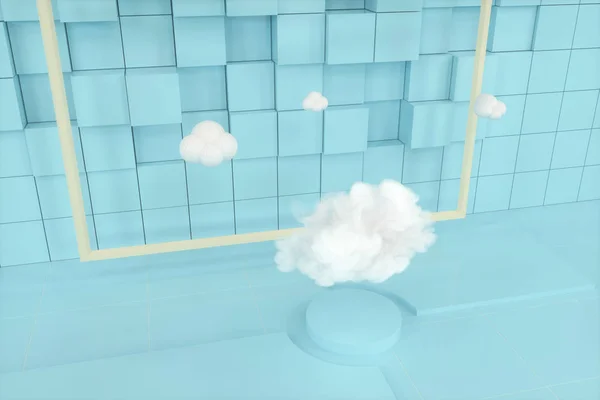 Cartoon clouds and cartoon cubes,geometry room,3d rendering.