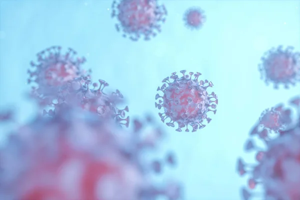 Διασπαρμένοι ιοί κορώνας με μπλε υγρό φόντο, 3d rendering — Φωτογραφία Αρχείου