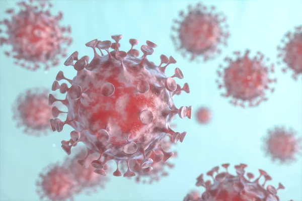 Дисперсные коронные вирусы с голубым жидким фоном, 3D рендеринг — стоковое фото
