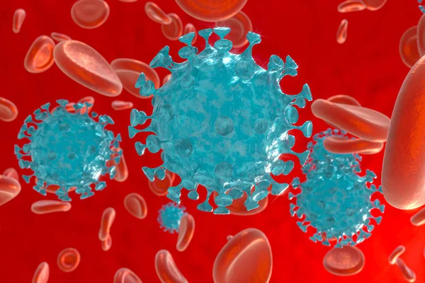 Dispergované koronové viry s krevním pozadím, 3d rendering — Stock fotografie