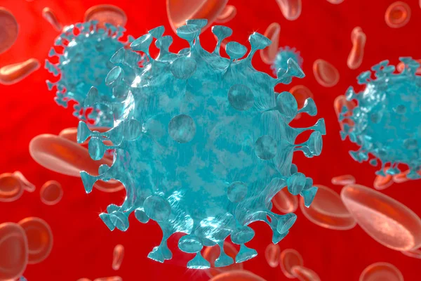 Dispergované koronové viry s krevním pozadím, 3d rendering — Stock fotografie